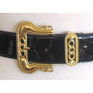 VINTAGE ANNE KLEIN BLACK PATENT LEATHER GOLD TONE METAL BUCKLE 1 1/2" BELT MED